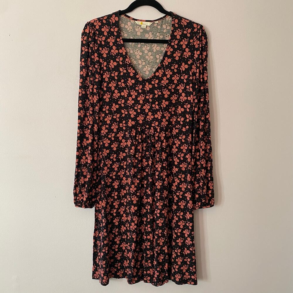 Boden Black Pink Floral V-neck Knee Length Hattie Dress Long Sleeve Women size 8
